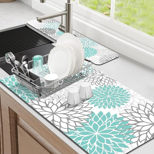 Findosom 2PCS 17" x 32" Dish Drying Mat & 24" x 5.5" Sink Splash Guard, Super Absorbent & Cuttable Dish Mat Drying Kitchen Mat with Teal Floral, Hide Stain Drying Mat for Kitchen Counter by Findosom