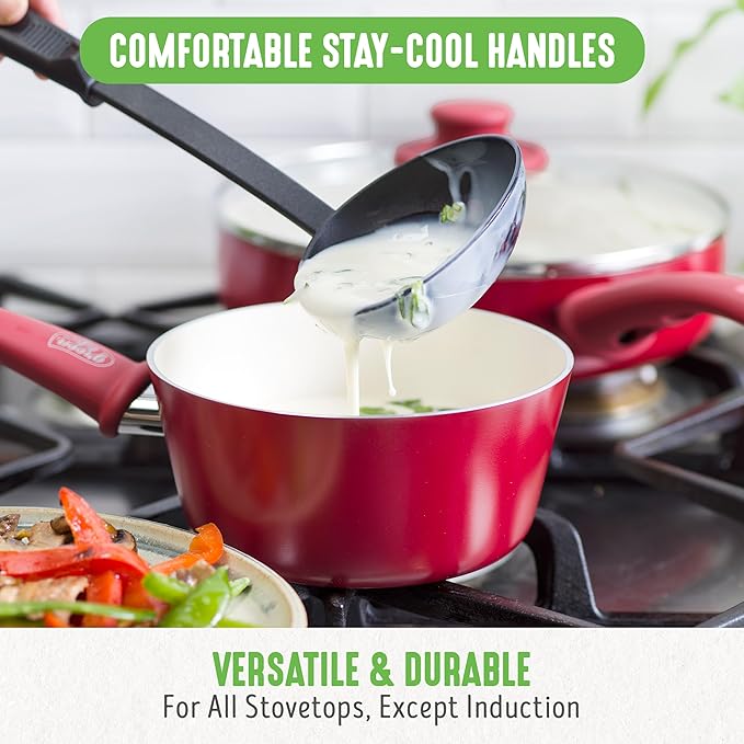 GreenLife 16 Piece Nonstick Cookware Set, Soft Grip Non-Toxic PFAS-Free Ceramic Pots & Pans, Dishwasher & Oven Safe, Frying, Sauce, Saute, Utensils, Glass Lids, Stay-Cool Handles, Wobble Free, Red - Image 6