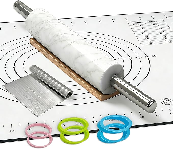 White Marble Rolling Pin with Stainless Steel Handles Baking Set - Silicone Baking Mat, Stainless Steel Dough Cutter, 3 Multicolor Thickness Guides & Wooden Base, Ideal for Pastry, Dough & Pizza by Unknown