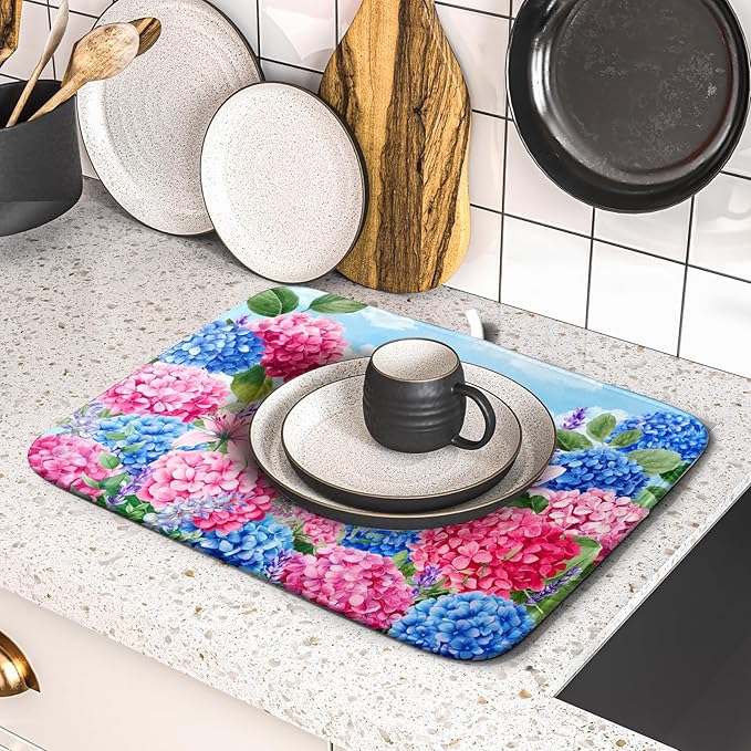 Hydrangea Floral Dish Drying Mat Cute Cat Microfiber Absorbent Dish Drying Pad for Kitchen Counter 16 X 18 - Image 5