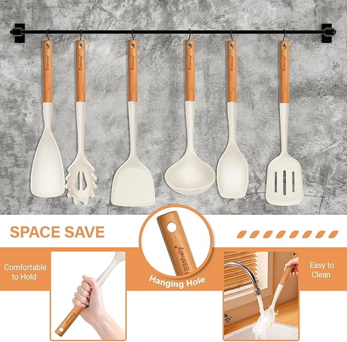 Large Silicone Cooking Utensils Set, 10Pcs Nonstick Kitchen Utensil Set with Wooden Handle, Heat Resistant Silicone Utensils for Cooking, BPA Free Spatula Set with Turners Spoon Ladle Skimmer(White) - Image 6