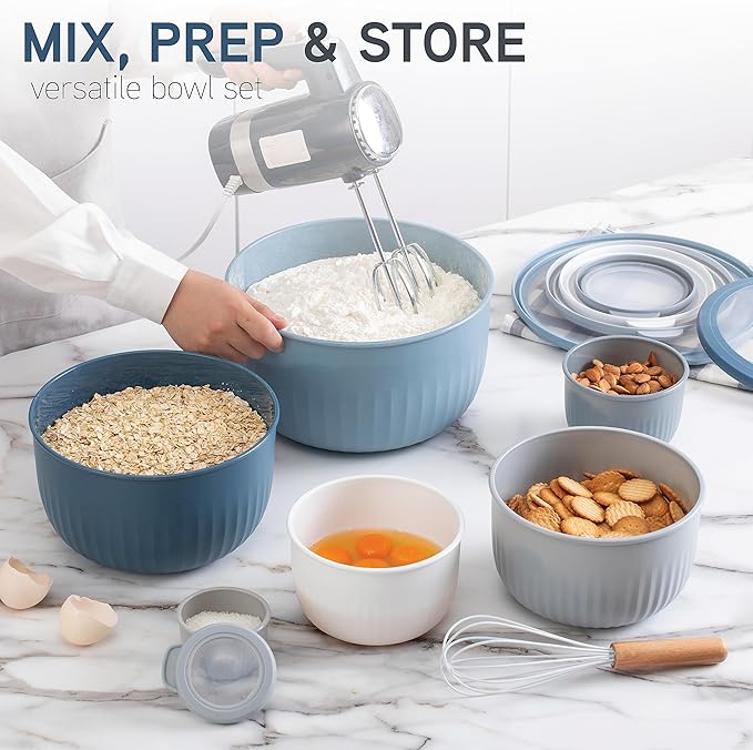 COOK WITH COLOR Prep Bowls with Lids- Wide and Deep Nesting Plastic Small Mixing Bowl Set with Lids, 12 Piece Set - Deep Bowls, Blue/Grey - Image 2