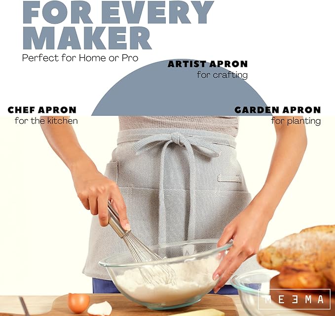 MEEMA Chef Waist Apron Cotton Fabric |Washable & Breathable Waitress & Server Half Aprons for Women with Pockets & Long Waist Straps | Cooking, Baking, Grilling & Crafting