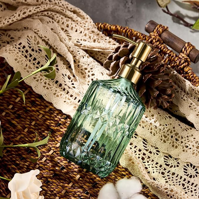 COHOSEGE 17 Oz Green Glass Kitchen Soap Dispenser for Dish Soap, 2 Pack Bathroom Soap Dispenser Set with Gold Rust Proof Pump for Lotion, Hand soap or Body Wash - Image 8