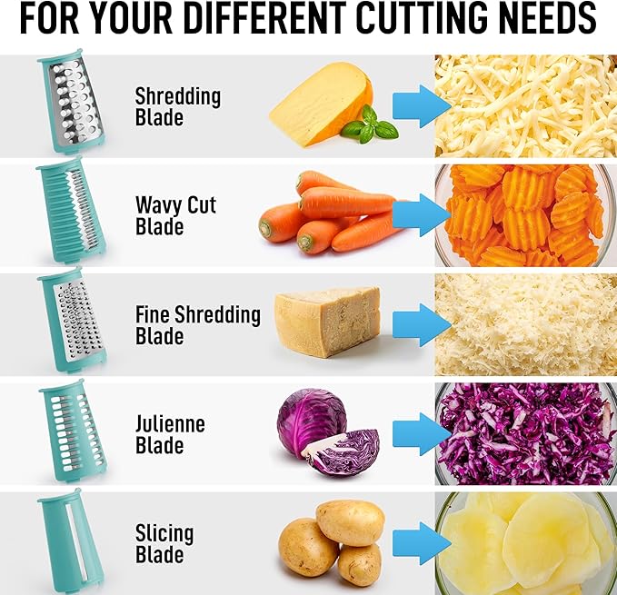 Zulay Kitchen Rotary Cheese Grater 5 Blade Cheese Shredder - Manual Hand Crank Cheese Grater With Reinforced Suction & 5 Interchangeable Drums - Easy to Use, Vegetable Chopper Round Mandoline Slicer - Image 10