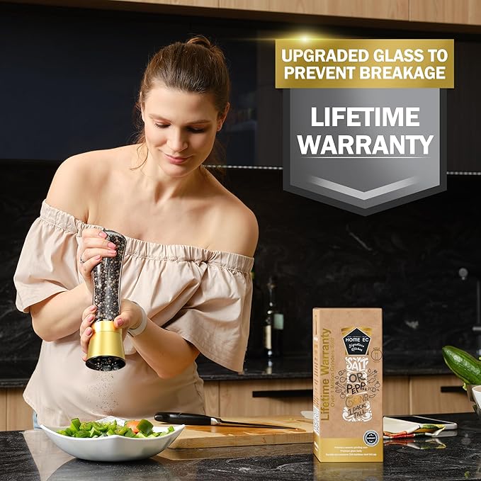 HOME EC Original Stainless Steel Salt or Pepper Grinder 1pk - Adjustable Ceramic Sea Salt Grinder or Pepper Mill - Tall Glass Spice Shaker - Spice Mill w/Ebook (Gold) - Image 5
