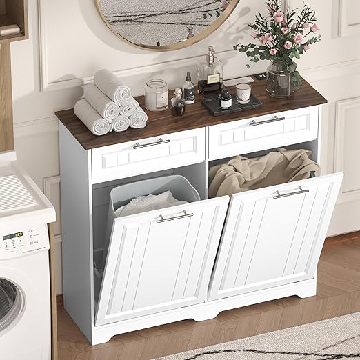 Double 10 Gallon Tilt Out Trash Can Cabinet with Deodorizing Function and Power Outlet, Wooden Hidden Garbage Can Holder with 2 Storage Drawers for Kitchen, Laundry Hamper Cabinet for Bathroom, White