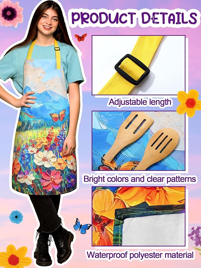 Bencailor 6 Pcs Spring Kitchen Aprons with Pockets Flower Rooster Bee Butterfly Sunflower Summer Aprons Bulk for Women(Colorful,Flower) - Image 5