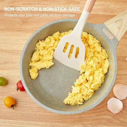 Kitchen Utensils Set - 7 PCS Non-Stick Silicone Cooking Utensils Set Spatula Set with Holder, Wooden Handle Spoon,Tongs,Whisk Kitchen Gadgets Tools Set for Nonstick Cookware (Cream White-7Max) - Image 2