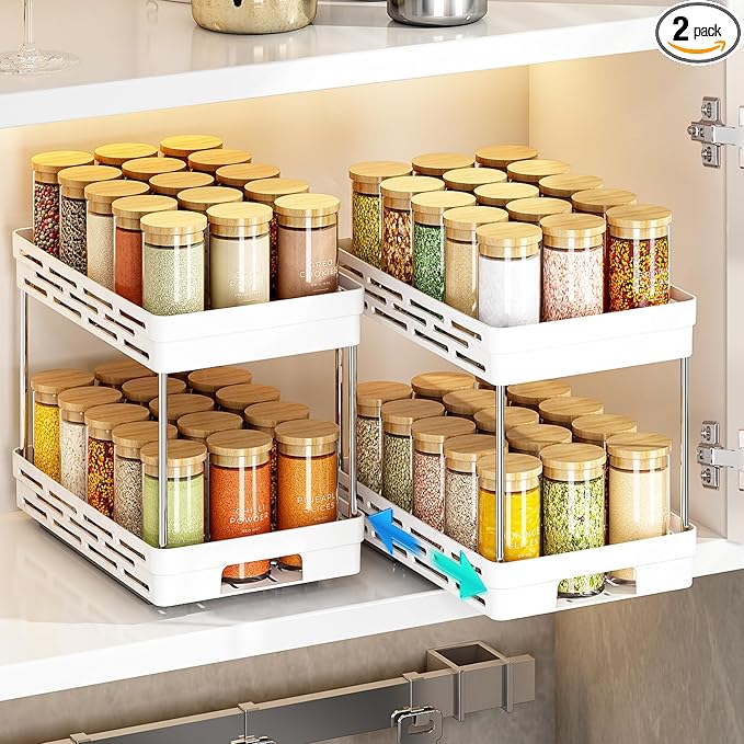 Pull Out Spice Rack Organizer for Cabinet, 2 Pack Widen Slide Out Spice Racks Organizer, Spice Cabinet Organizers, Cabinet Size Need:12'' Highx11'' Deepx6.75'' Wide,Hold 15 Spice Jar Each Tier-2Tier by DABIGE
