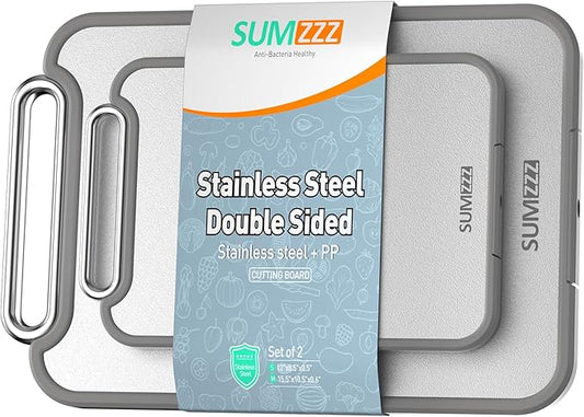 Sumzzz Stainless Steel Cutting Board for Kitchen, 2-in-1 Double-Sided Chopping Board, Food Grade Stainless Steel/PP (Silver, Set of 2(S+M))