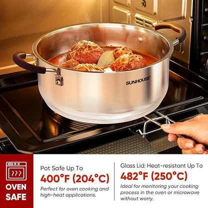 SUNHOUSE - 5.5 Quart Steamer Pots With Lid 2-Tier Multipurpose Stainless Steel Steaming Pot Cookware With Handle For Vegetable, Dumpling, Sauce, Food - Triple Bottom, Measurement Line - Image 2
