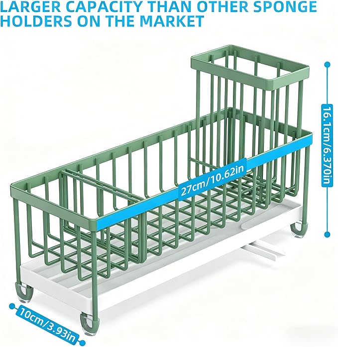Moforoco Extra Large Sponge Holder for Kitchen Sink Organizer Caddy, Dish Brush Scrubber Holder,Stainless Steel Sink Box Utensil Holder,Soap Dispenser Set Tray Counter Accessories（Sage Green ） - Image 2