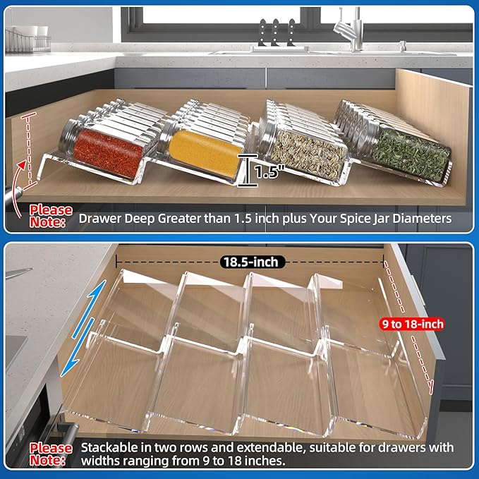 MIUKAA Clear Acrylic Spice Drawer Organizer, 4 Tier- 2 Set Expandable From 9" to 18" Seasoning Jars Drawers Insert, Kitchen Spice Rack Tray for Drawer/Countertop (Jars not included) - Image 4