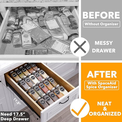 SpaceAid Spice Drawer Organizer with 20 Spice Jars, 386 Spice Labels, 4 Tier Seasoning Rack Tray Insert for Kitchen Drawers, 9-1/2" Wide x 17-1/2" Deep - Image 2