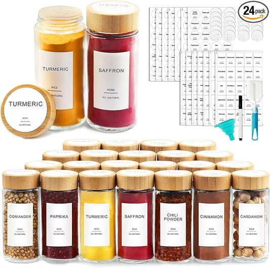 AISIPRIN Glass Spice Jars with 398 Labels-4oz 24 Pcs,Round Seasoning Jars with Bamboo Airtight Lids,Spice Container Set -Shaker Lids, Funnel,Brush and Marker Included by AISIPRIN
