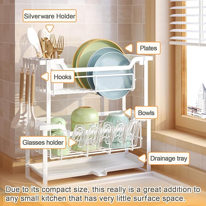Dish Rack with Drainboard, Organizes Dishes and Bathroom Items for Narrow Spaces, Two-Story Drying Rack Fits 12 Plates 12 Bows 5 Glasses 4 Hooks and Some Cutlery, White - Image 3