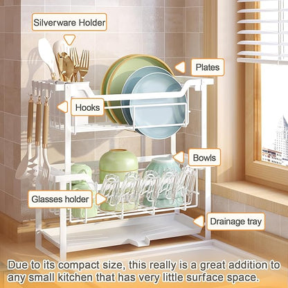 Dish Rack with Drainboard, Organizes Dishes and Bathroom Items for Narrow Spaces, Two-Story Drying Rack Fits 12 Plates 12 Bows 5 Glasses 4 Hooks and Some Cutlery, White - Image 3