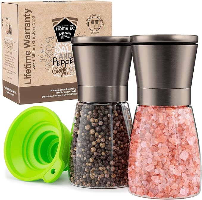 Home EC Original Gun Metal Bronze Salt and Pepper Grinder Set of 2 - Adjustable Ceramic Grinder - Glass Salt and Pepper Shakers With Funnel and Ebook - Spice Mill - Bronze Kitchen Accessories by HOMEEC