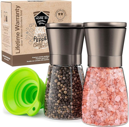 Home EC Original Gun Metal Bronze Salt and Pepper Grinder Set of 2 - Adjustable Ceramic Grinder - Glass Salt and Pepper Shakers With Funnel and Ebook - Spice Mill - Bronze Kitchen Accessories by HOMEEC