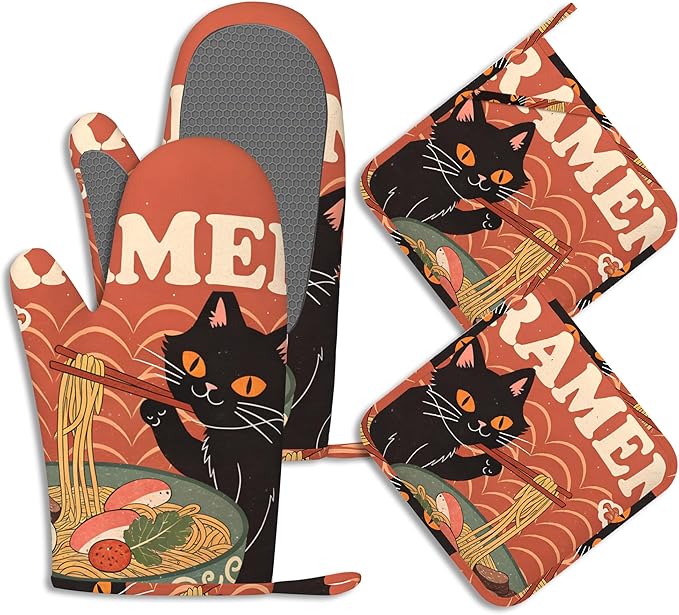 Black Cat Ramen Oven Mitts and Pot Holders Abstract Funny Silicone Kitchen Accessories Set of 4 Heat Resistant Non-Slip Long Gloves Potholder for Chef Cooking Baking Gifts Women Men