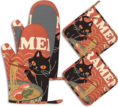 Black Cat Ramen Oven Mitts and Pot Holders Abstract Funny Silicone Kitchen Accessories Set of 4 Heat Resistant Non-Slip Long Gloves Potholder for Chef Cooking Baking Gifts Women Men