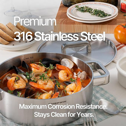 316 Stainless Steel 3.8 Quart Brazier with Lid Stew Pot, Induction Cookware, Dishwasher Safe & Oven Safe, Stay-Cool Silicone Handle