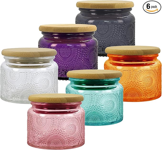 4 oz Glass Storage Jars with Airtight Bamboo Lids (6 pack, 6 Colors) - Decorative Embossed Mini Containers for Spices, Herbs, Kitchen Organization, Candle Making, Party Favors & DIY Gifts
