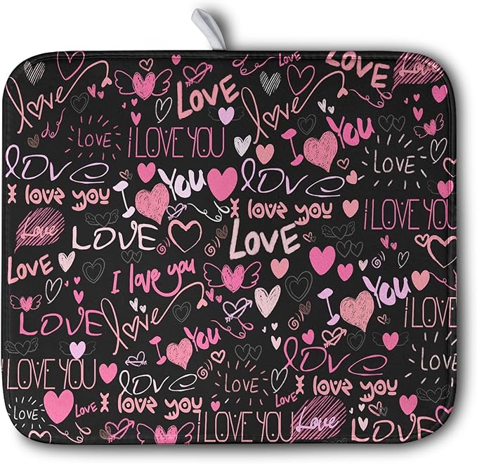 Mother's Day Dish Drying Mat for Kitchen Counter Love Heart Black Drying Mats Absorbent Reversible Microfiber Dish Pad Washable Dish Draining Mat Extra Large 16x18 inch by Kwlegh