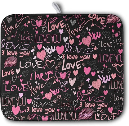 Mother's Day Dish Drying Mat for Kitchen Counter Love Heart Black Drying Mats Absorbent Reversible Microfiber Dish Pad Washable Dish Draining Mat Extra Large 16x18 inch by Kwlegh