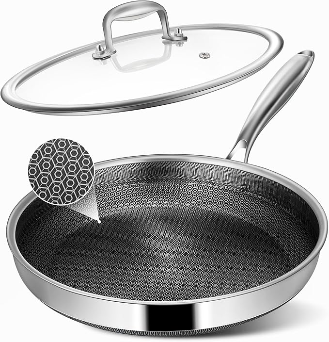 Non Stick Frying Pans, 12-inch with Lid, Hybrid Frying Pans Nonstick Stainless Steel Skillets, Dishwasher & Oven-Safe, Stay-Cool Handle, PFOA Free Cookware, Compatible with All Cooktops by Vocvee