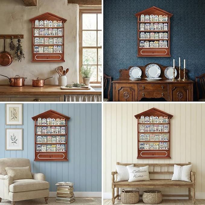 Chunful Vintage Spice Jar Wooden Rack with 4 Shelves and Drawer Hanging Spice Rack Wall Mounting Kitchen Storage Village Style Display Shelf for 24 Jars, Shelf Only(Classic)