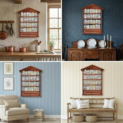 Chunful Vintage Spice Jar Wooden Rack with 4 Shelves and Drawer Hanging Spice Rack Wall Mounting Kitchen Storage Village Style Display Shelf for 24 Jars, Shelf Only(Classic)