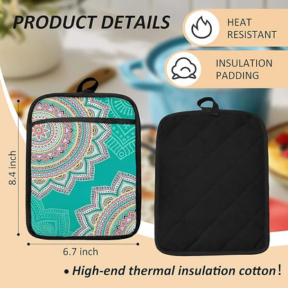 Turquoise Abstract Mandala Floral Pot Holders for Kitchen, Boho Colorful Ethnic Flower Botanical Heat Resistant Hot Pads and Oven Mitts for Baking Cooking，379 potholder - Image 6