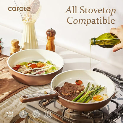 CAROTE 25-Piece Ceramic Cookware Set, Nonstick Pots and Pans Set with Detachable Handle, Non-Toxic Kitchen Cooking Set, Dishwasher & Oven Safe, Induction Compatible, PFAS Free, Chocolate - Image 4