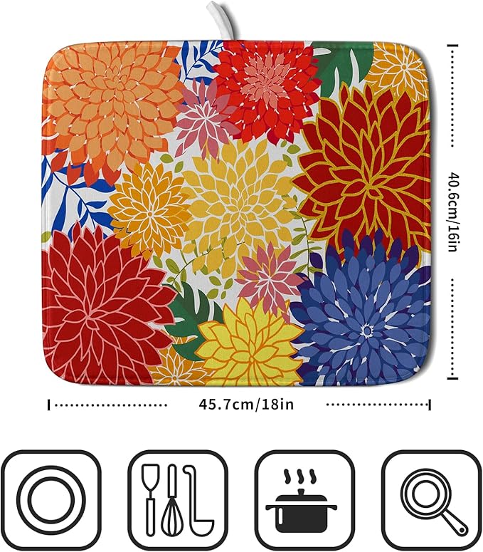 Modern Floral Dish Drying Mat 16x18 in Multicolored Tropical Drying Pad for Kitchen Counter - Image 2