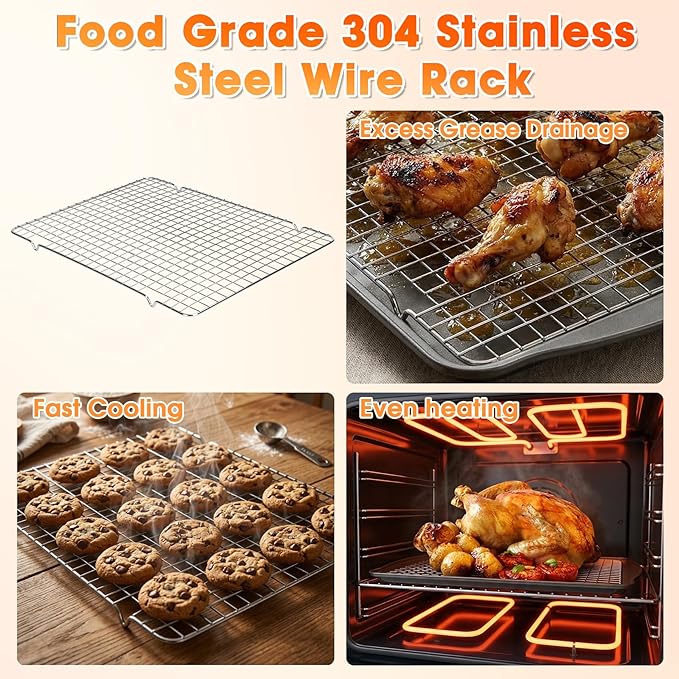 Baking Sheet with Wire Rack, 17 x 12 Inch Nonstick Cookie Sheets Pan Set with Cooling Racks for Cooking and Baking, Carbon Steel Baking & Cookie Sheet Pan Oven Tray Non Toxic (2 Pans + 2 Raised Racks)