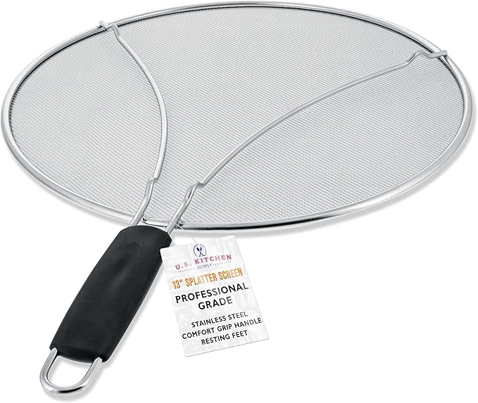 U.S. Kitchen Supply Stainless Steel Splatter Guard 13" Fine Mesh Cover, Grease & Oil, Splatter Screen for Frying Pan, Cooking Pots, with Resting Feet & Comfort Grip Handle by USKitchenSupply