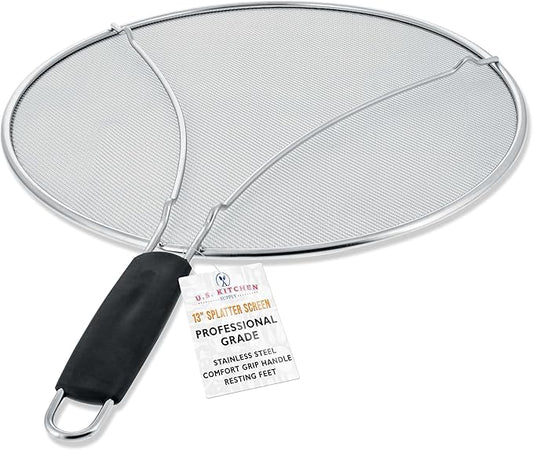 U.S. Kitchen Supply Stainless Steel Splatter Guard 13" Fine Mesh Cover, Grease & Oil, Splatter Screen for Frying Pan, Cooking Pots, with Resting Feet & Comfort Grip Handle by USKitchenSupply