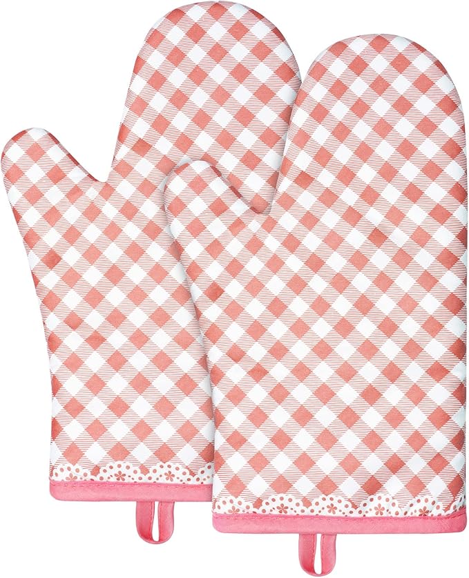 AUAUY Pink Oven Mitts, Kitchen Mittens, 392F Heat Resistant Non-Slip Gloves for Cooking, Baking, BBQ, Grilling - Cotton Infill, 1 Pair by AUAUY