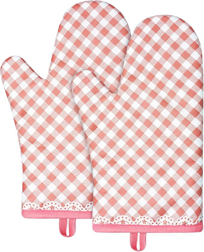 AUAUY Pink Oven Mitts, Kitchen Mittens, 392F Heat Resistant Non-Slip Gloves for Cooking, Baking, BBQ, Grilling - Cotton Infill, 1 Pair by AUAUY