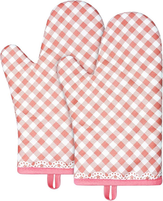 AUAUY Pink Oven Mitts, Kitchen Mittens, 392F Heat Resistant Non-Slip Gloves for Cooking, Baking, BBQ, Grilling - Cotton Infill, 1 Pair by AUAUY