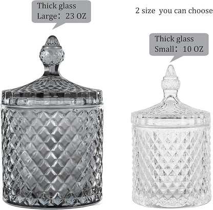 rejomiik 2 Pack Qtip Holder Glass Apothecary Jars with Lid for Bathroom Canisters Dispenser Decor Storage Organizer for Cotton Swabs, Balls, Pads, Floss Picks, Candy, Grey