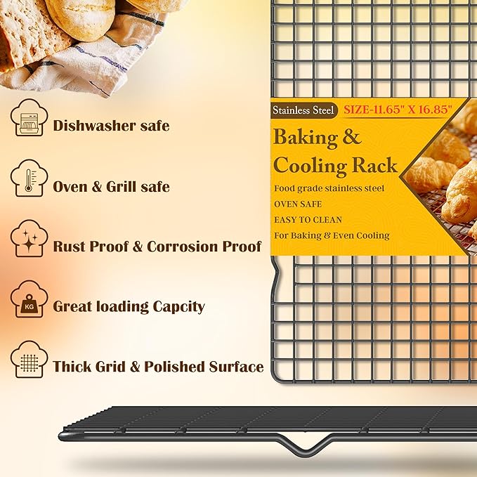 2PCS Cooling Racks for Cooking and Baking -11.65''x16.85''Heavy Duty Stainless Steel Wire Rack for Baking, Grilling, Roasting - Oven & Dishwasher Safe - Fits Half Sheet Pan（Black） - Image 2