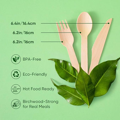 Disposable Wooden Utensils Set, Compostable Utensils, Disposable Cutlery Eco-Friendly Silverware Set for Parties, Catering, Office Lunches-100 PCS 6.4" Knives