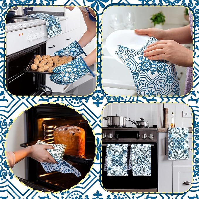 Jingmore 6 Pcs Kitchen Decor Set Accessory Farmhouse Kitchen Towels Pot Holders Oven Mitts Set 2 Dish Towels 2 Pot Holders 2 Cooking Mittens Oven Glove for Cooking (Blue,White,Chinoiserie Printed) - Image 4