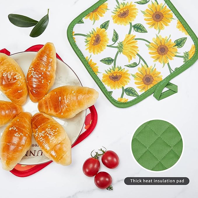 Oven Mitts and Potholders Dish Towles Set 100% Cotton for Perfect for Gifting, Baking, and Everyday Cooking Durable Heat Resistant for Kitchen and Machine Washable (3-Piece Sunflower) - Image 7
