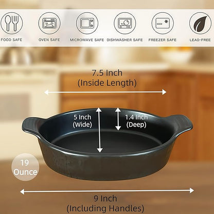 Oval Au Gratin Baking Dishes Set of 4 9" x 5" 19 oz matte black Ceramic Oven Safe & Heat Resistant With Handles for Small Mini Casseroles Cooking & Serving
