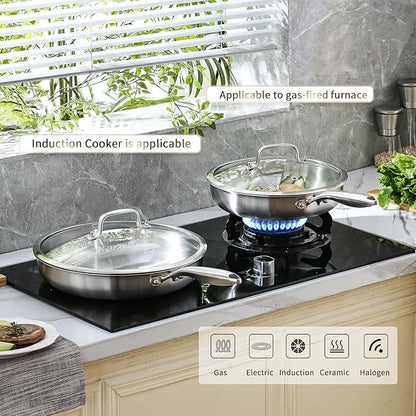 DELARLO Tri-Ply Stainless Steel Pan, 18/10 Frying Pan, Oven Safe Up to 600°F, Nontoxic Cookware, Compatible with All Cooktops Skillet, Durable, Fast Even Heat Fry Pan,8" 10" 12" with lids - Image 6