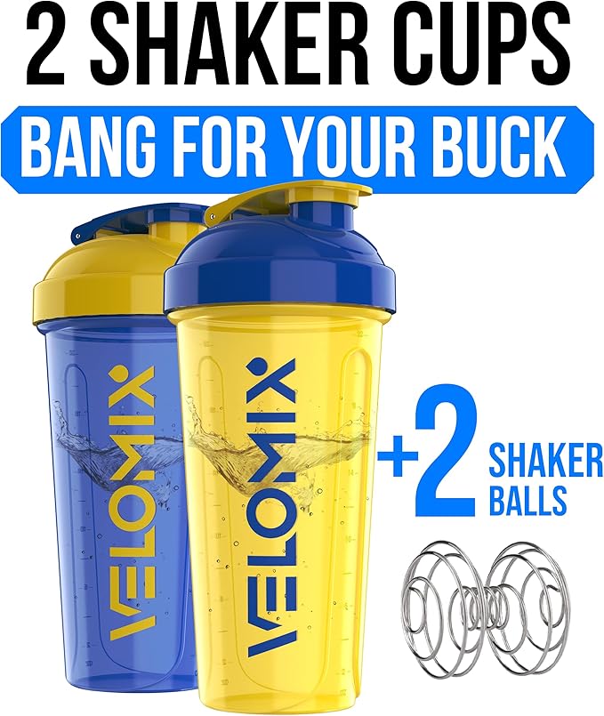 VELOMIX -2 Pack- 28 oz Protein Shaker Bottles for Protein Mixes - 2x Wire Whisk | Leak Proof Shaker Cups for Protein Shakes and Pre Workout | Protein Shaker Bottle Pack (B9) Stand Strong Pack